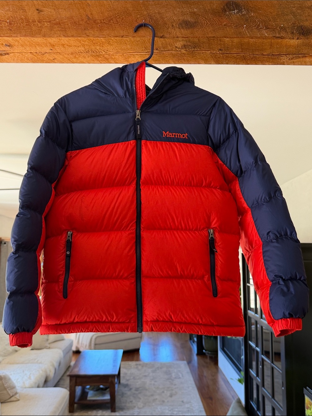 Marmot Red and Navy Insulated Hooded Down Puffer Jacket